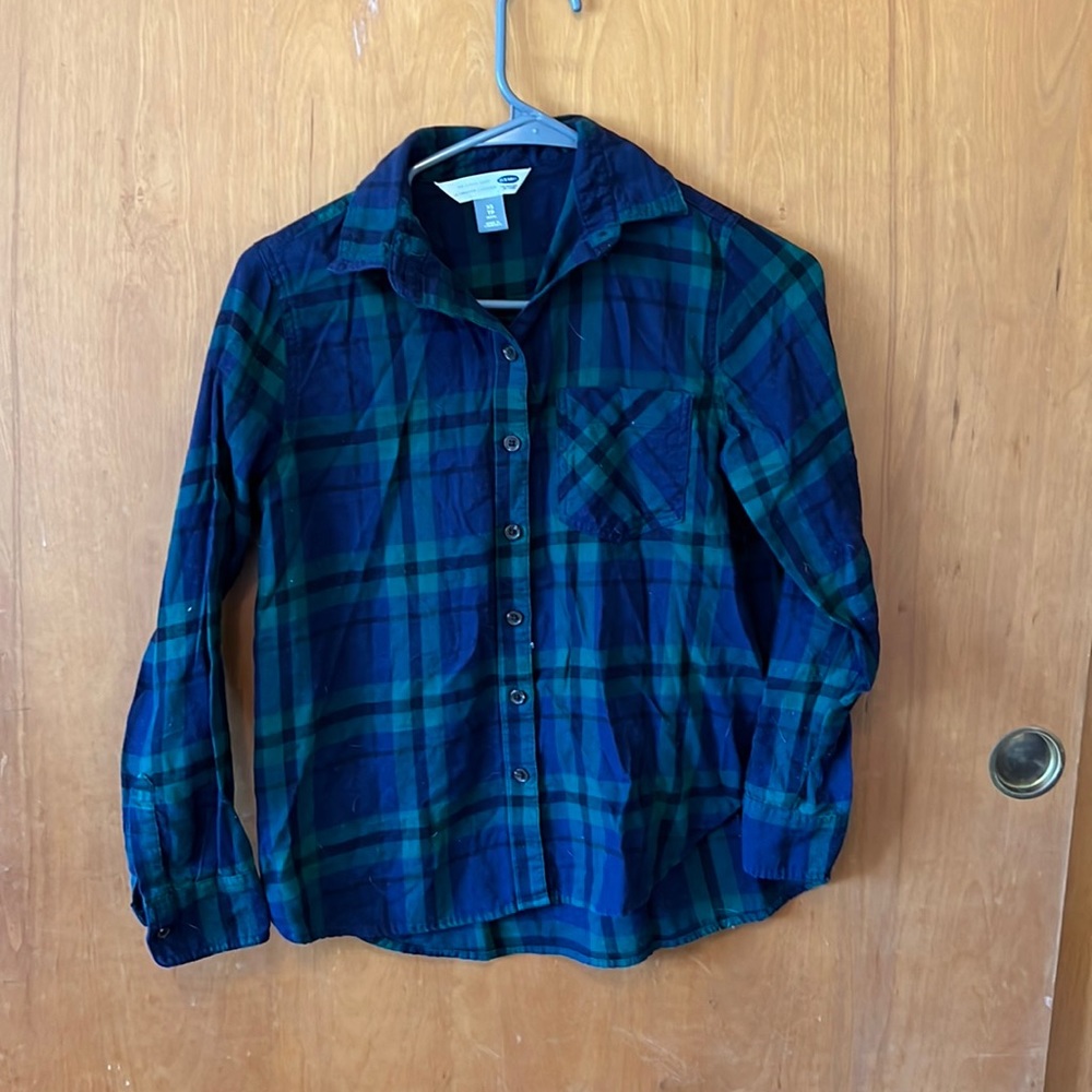 Old Navy The Classic Shirt XS Petite Green and Blue Plaid Button Down